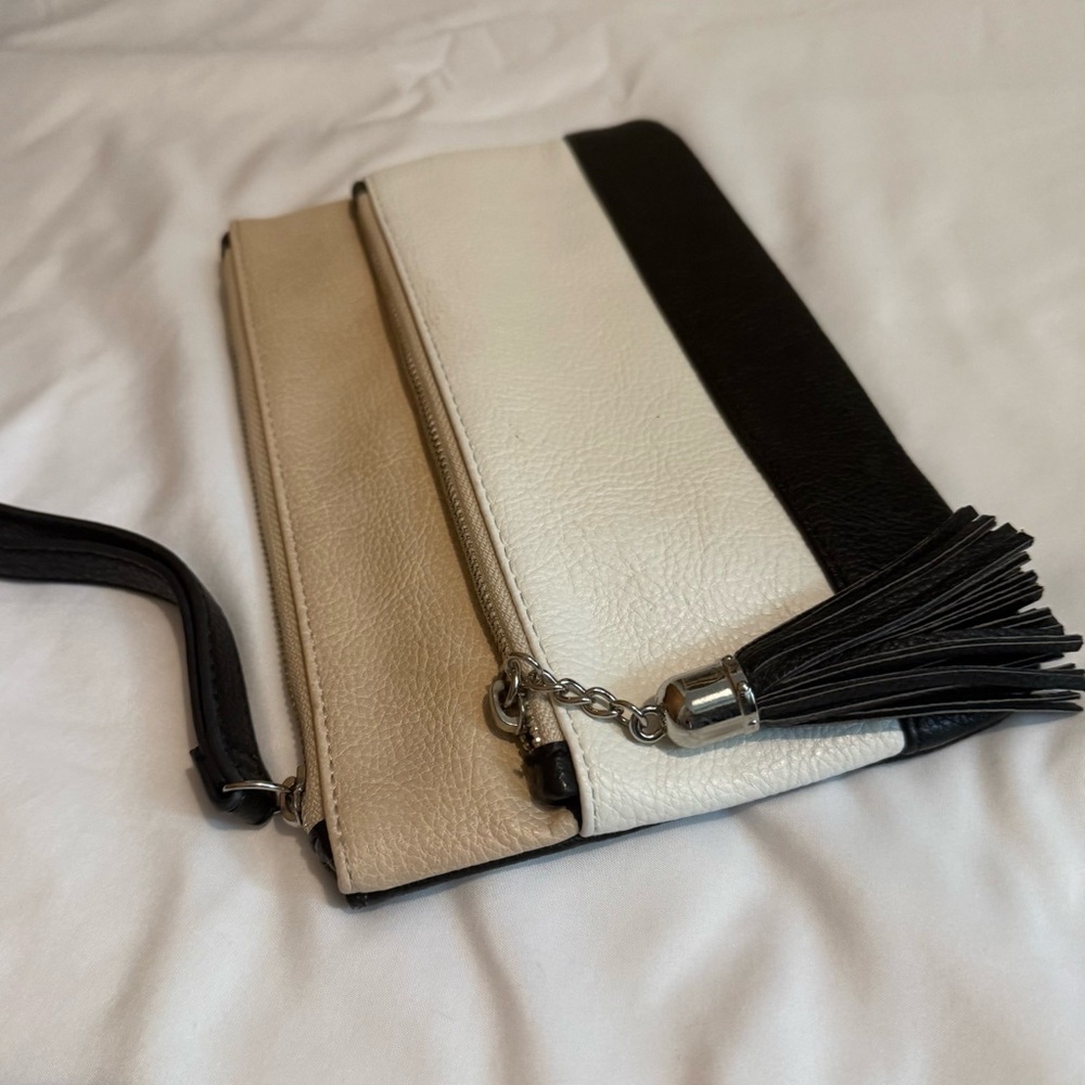 Express Black, White & Cream Color Block Zip Clutch Bag.